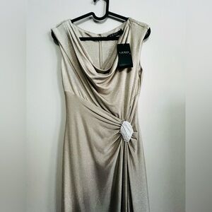 NWT RALPH LAUREN Gold Beige Metallic Gown with Brooch